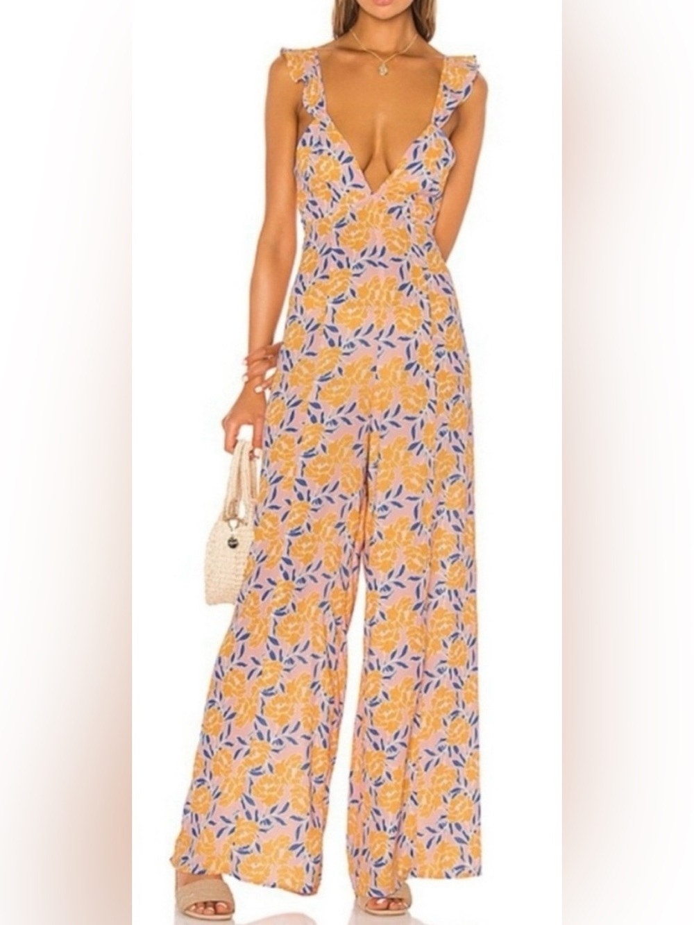 RESA Lavender Floral Wide-Leg Jumpsuit with Yellow Blooms